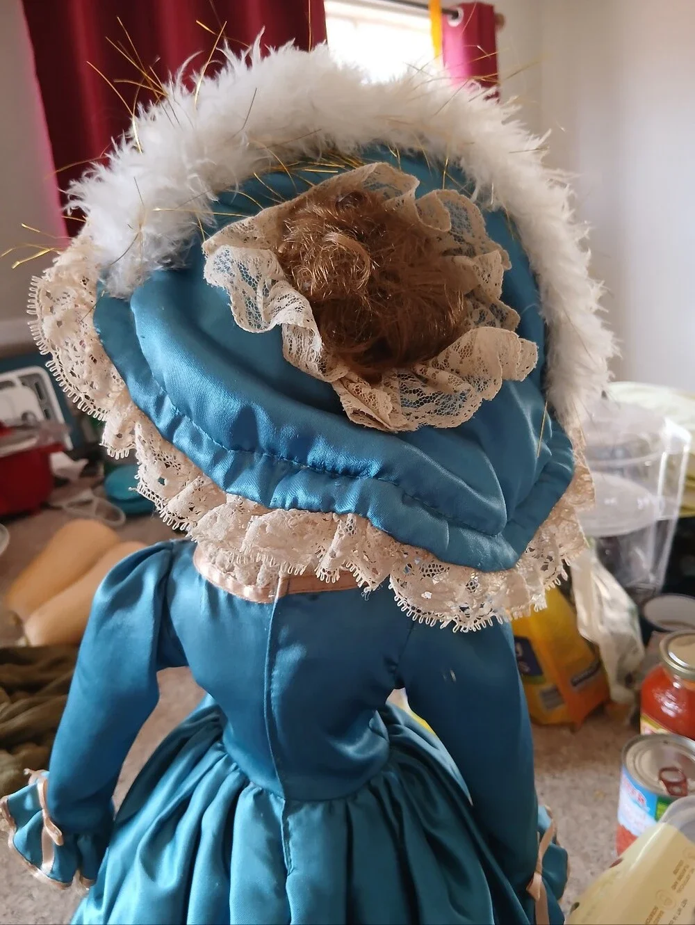 Porcelain Doll in Blue Satin Dress with Lace Trim